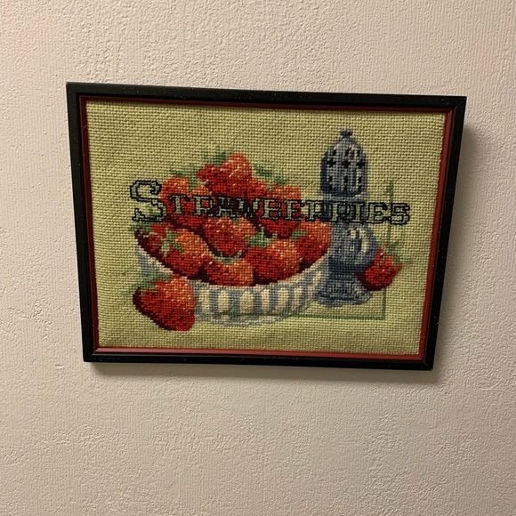Vintage Needlepoint Strawberries in bowl wall decor - Picture 1 of 5